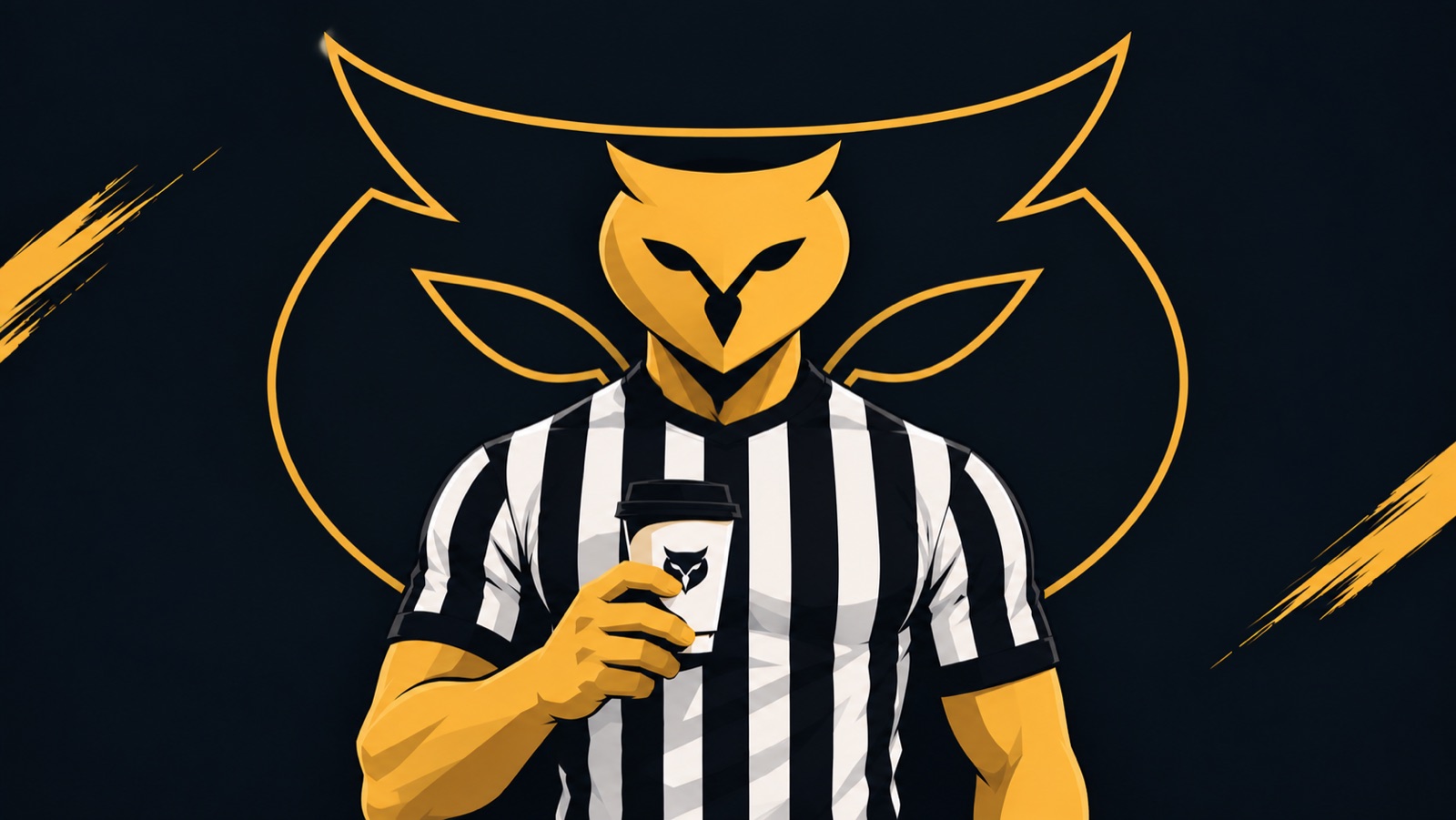 REF, OddSense's owl referee, holding a coffee